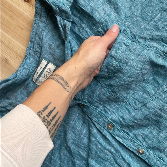 Rachel Zoe Pure Linen Teal Boxy Button-Up Beach Top - Picture 9 of 9